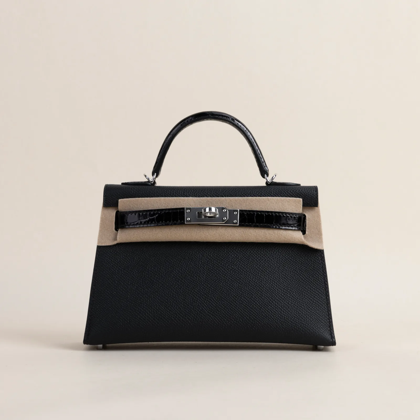 Mini Kelly II Touch Epsom/Shiny Alligator Crocodile 89 Noir PHW, Mini Kelly II series, Touch Epsom/Shiny Crocodile 89 Noir colorway, Alligator leather
