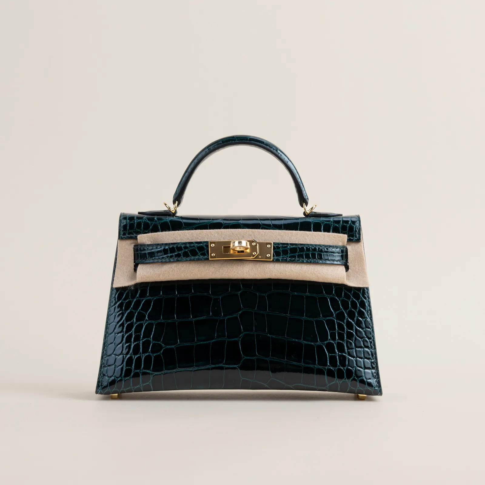 Mini Kelly II Shiny Alligator Crocodile 6O Vert Cypres GHW, Mini Kelly II series, Shiny Crocodile 6O Vert Cypres colorway, Alligator leather, Gold har