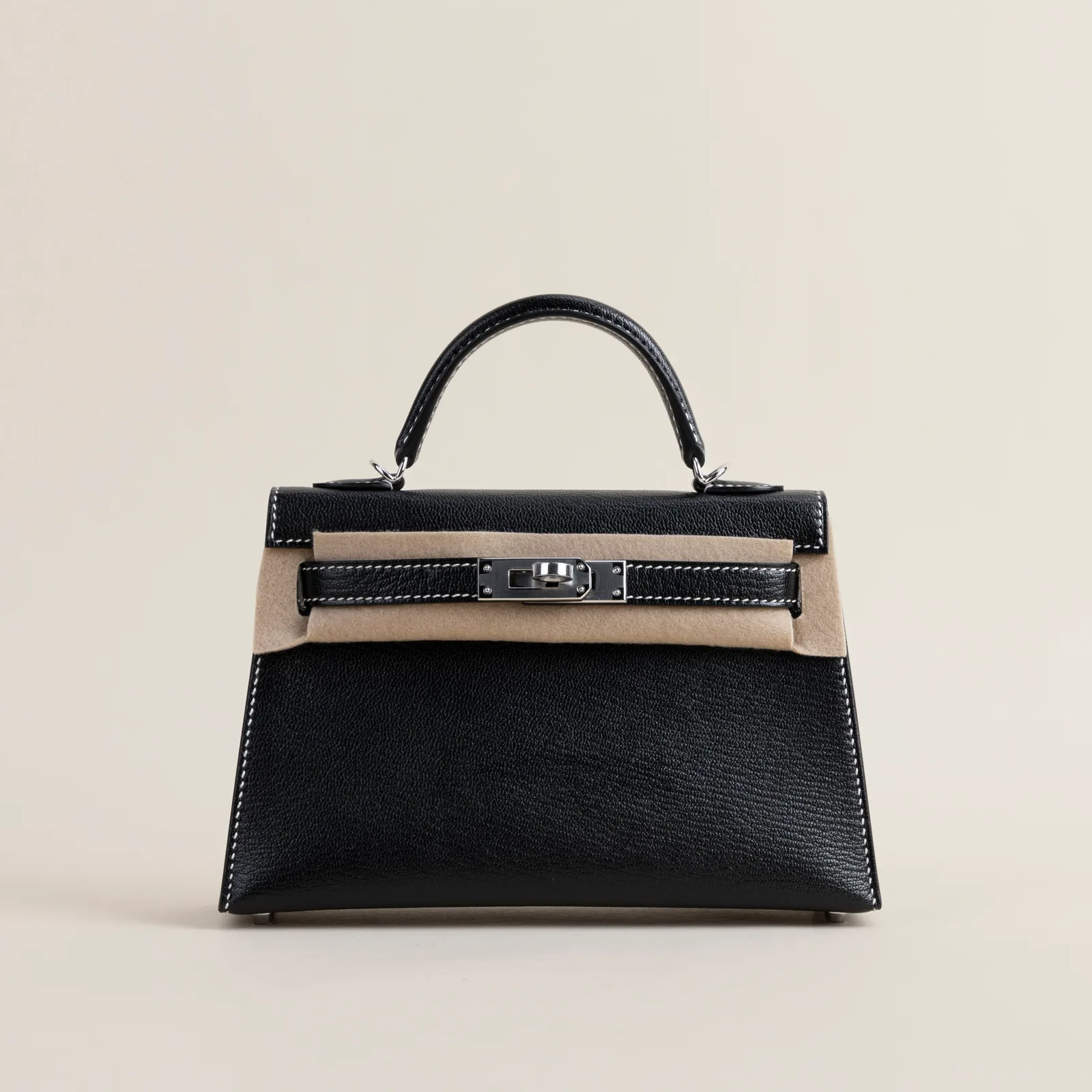 Mini Kelly II Chevre 89 Noir/80 Pearl gray PHW, Mini Kelly II series, 89 Noir/80 Pearl gray colorway, Chevre leather, Silver hardware, Mini Kelly II C