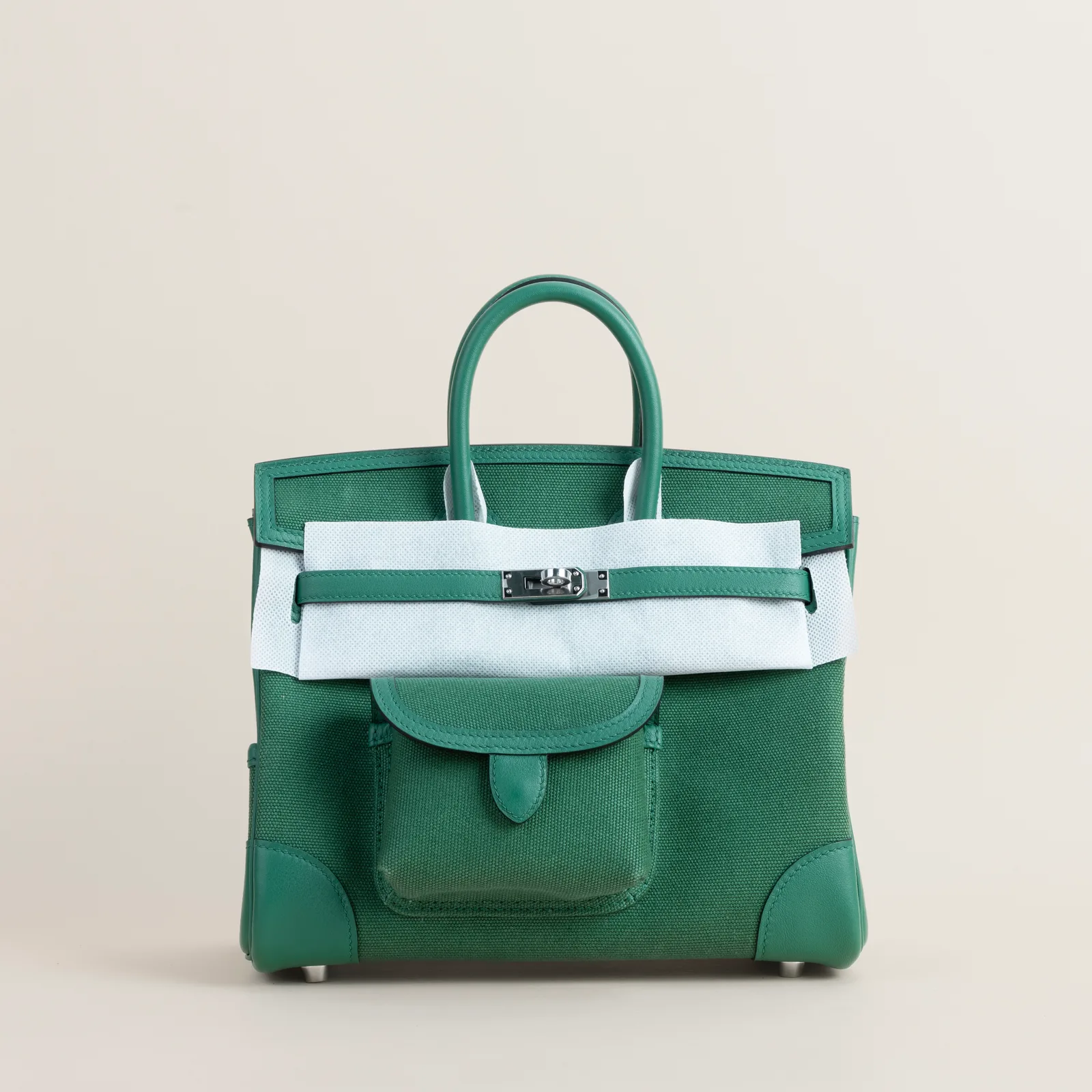 Birkin25 Cargo Swift/toile U4 Vert vertigo PHW, Birkin25 Cargo series, /toile U4 Vert vertigo colorway, Swift leather, Silver hardware, 13cm size
