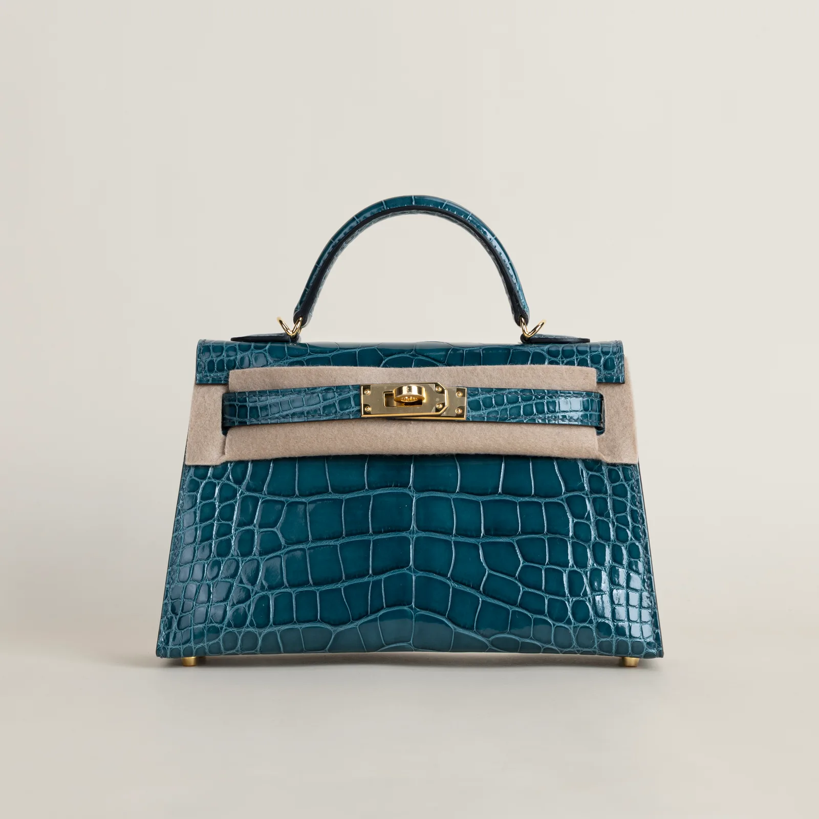 Mini Kelly II Shiny Alligator Crocodile W0 Vert bosphore GHW, Mini Kelly II series, Shiny Crocodile W0 Vert bosphore colorway, Alligator leather, Gold